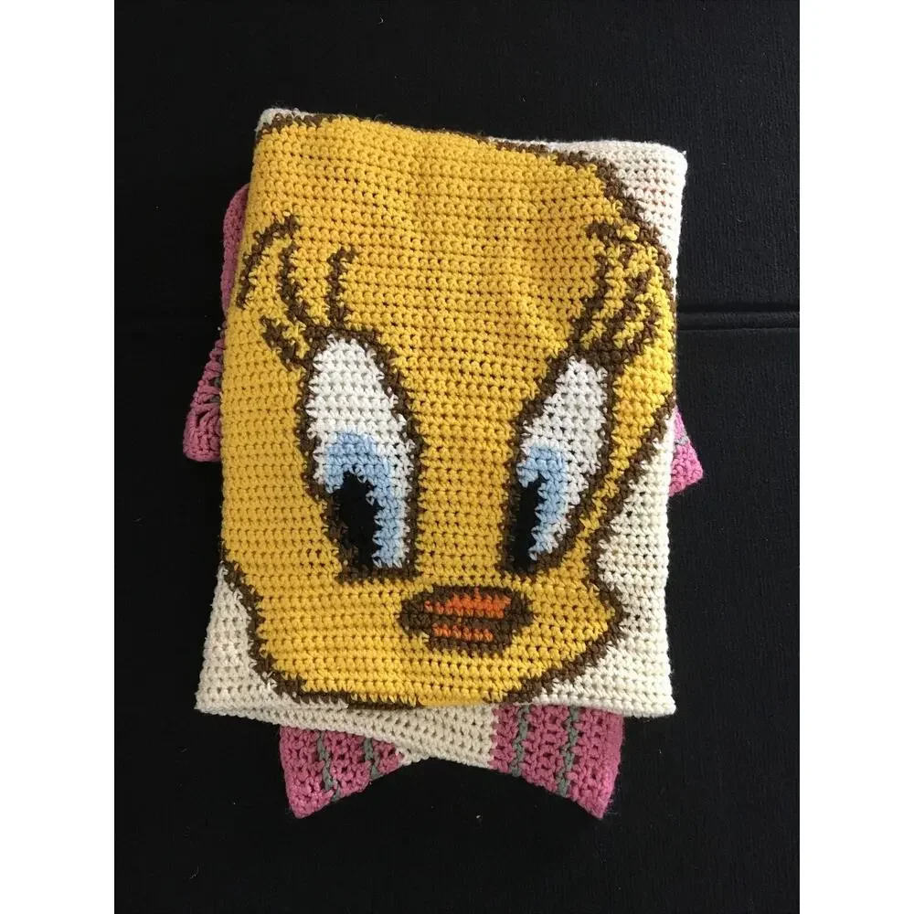Tweety Bird Vtg Handmade Knit Crochet Baby‎ Blanket Throw Nursery 40